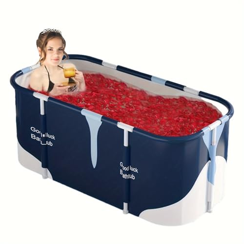Bañera plegable de 140 cm para adultos, grande, plegable, con 6 capas de material aislante, bañera móvil con fondo y desagüe lateral, incluye respaldo y cojín hinchable
