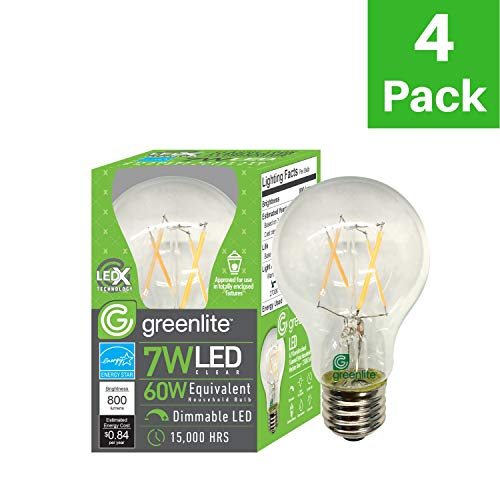 Led 7W A19 Filament Clear Light Bulb, 60W Equivalent, 800 Lumens, 2700K Soft White, Dimmable, E26 Medium Base, Energy Star Certified, 120V (4 Pack) #TOP1