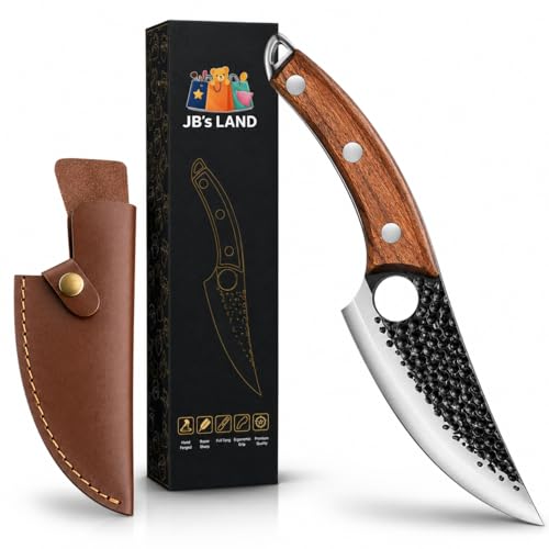 JB'S LAND Premium Hand Forged Chef Knife 8 Inch | Ultra Sharp Stainless Steel Kitchen Butcher Knife with Ergonomic Wooden Handle & Leather Cover for Meat, BBQ & Camping (Brown)