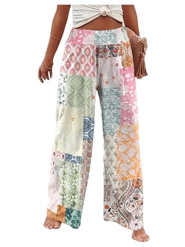 Women's Patchwork Graphic Pant Colorblock High Waisted Straight Leg Boho Pants
