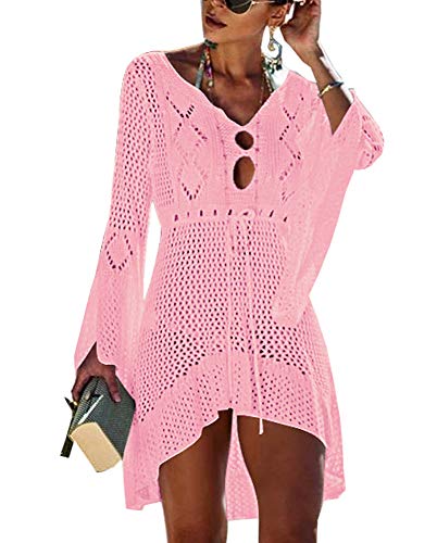 Walant Femmes Robe de Plage Manches Évasées Maillot de Bain Sexy Tricot ajouré au Crochet Taille Tunique Cache-Maillots Bikini Poncho Blouse Été Cover Up, Rose Clair, Taille unique