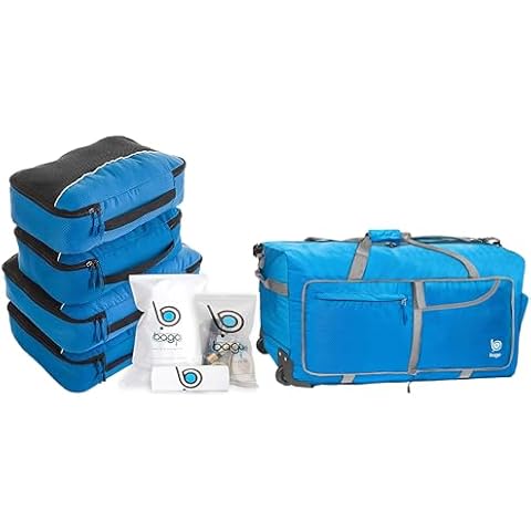 Bago 31" Rolling Duffel Bag with Wheels - 120L Foldable Waterproof Travel Bag & 7-Piece Packing Cubes Set - Lightweight Compression Luggage Organizer with 4 Packing Cubes & 3 Sealed Zip Bags (Blue) Cover