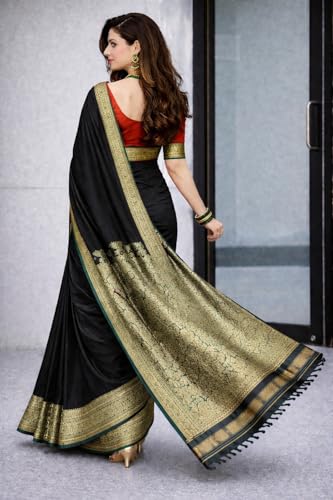 Image of Women's Glory Banarasi Satin Silk Saree with Rich Zari Woven Border & Pallu | Soft Glossy Party Fancy Traditional Saree for Wedding, Festive, Function | Blouse Piece Included