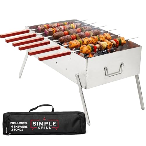 TSG Portable Stainless Steel Mangal Charcoal Grill For Shish Kebab Steaks Burgers | 20X12Inch| Includes 6 Skewers 2 Tongs & Carry Bag | Foldable & Rustproof for Outdoor Cooking | Serves 8-12 People