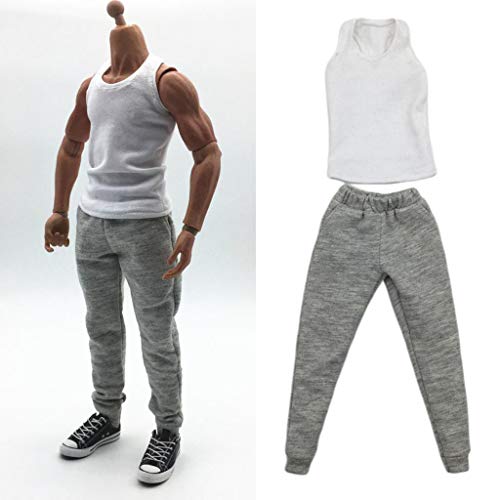 Bonarty 1/6 Scale Male Clothing Cowboy Jacket with Trousers for for HT 12 Inch Male Action Figures Doll Clothing Accessories - White Waistcoat+ Gray Pants