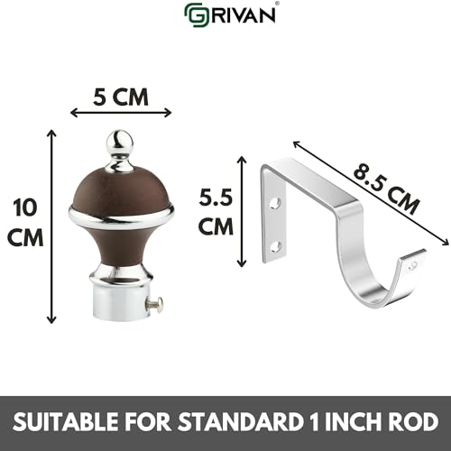 Image of GRIVAN Manjira Shape Stainless Steel & ABS Curtain Bracket Parda Holder with Support 1 Inch Rod Pocket Finials Designer Door and Window Rod Support Fittings, Curtain Rod Holder(Brown, Pair of 2)