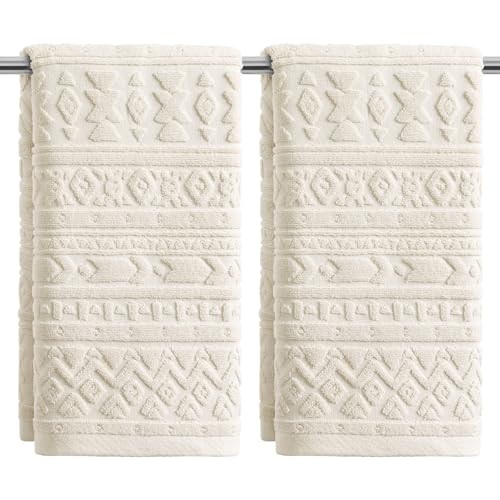 Artoid Mode Beige 3D Geometric Design Jacquard Hand Towels for Bathroom 35 x 75 cm, 100% Cotton Soft Absorbent Bathroom Decor Towels Set of 2