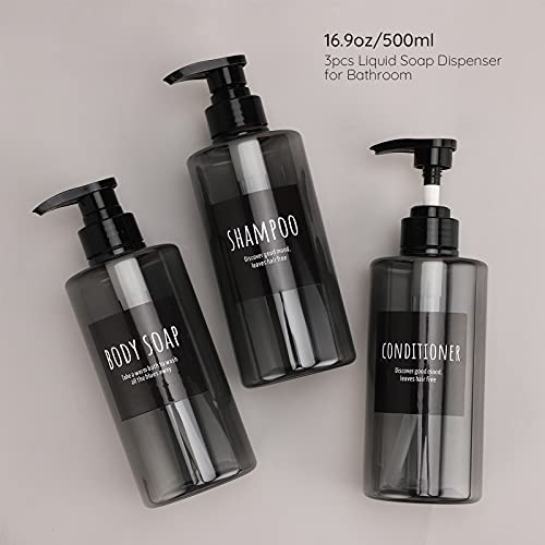 Image of Refillable Shampoo Bottles, Segbeauty 16.9oz Shampoo Dispenser, 3pcs 500ml Empty Plastic Pump Bottle for Shower, Labeled Grey Large PET Lotion Dispenser with Pump Body Soap Conditioner Hotel Bathroom