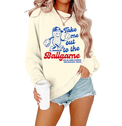 ALLTB Baseball Sweatshirt Women Game day Sweater Funny Ballgame Graphic Shirt Casual Long Sleeve Top for Mom Baseball Football Fan Apricot