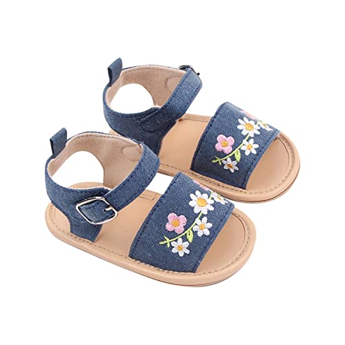 Toddler Baby Girls' Summer Walking Sandals Soft Soled Embroidered Baby Shoes Breathable Outdoor Beach (Blue, 6 Infant)