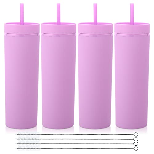 Volhoply 20oz Plastic Skinny Tumblers Bulk 4 Pack,Double Wall Tumbler with Lid and Straw,BPA Free Matte Acrylic Water Cups for Parties,DIY Gift(Purple,4 Set)