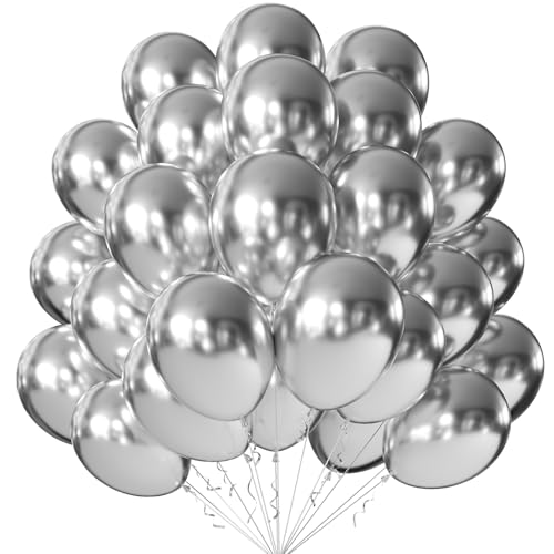 Image of 10 Inch Metallic Silver Balloons, 100 Pcs Latex Helium Metallic Balloons for Kid's Birthday Party Baby Shower Wedding Graduation Graduation Party Decorations