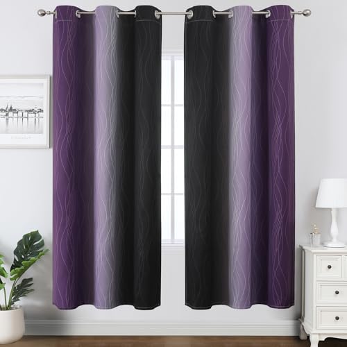 Estelar Textiler Black and Purple Ombre Blackout Curtains for Bedroom, Full Room Darkening Grommet Curtains for Living Room, Thermal Insulated Light Blocking Gradient Drapes, 42Wx72L,2 Panels