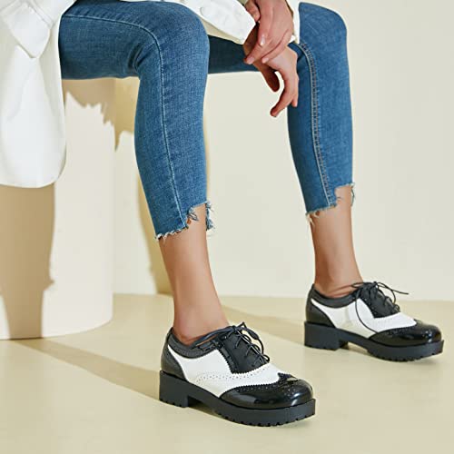 Agodor Women's Lace Up Wingtip Oxford Shoes Chunky Heel Platform Vintage Round Toe Brogue Shoes (Us 8.5, White) #TOP2