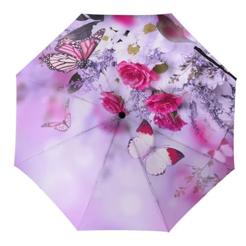 Parapluie pliant papillon floral avec armature renforcée automatique et finitions soignées