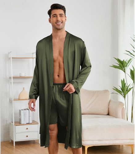 ZUEVI Men's Kimono Robe Set Silk Satin Long Sleeve Bathrobe with Shorts 2 PCS Sleepwear Pjs Sets2