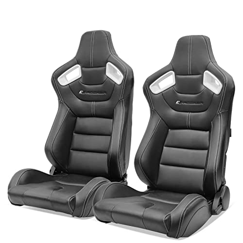 IKON MOTORSPORTS, Universal Racing Seats Pair with Dual Sliders, Black with White Stitch and White Bezel, PU & Carbon Leather Reclinable Left Right Pair