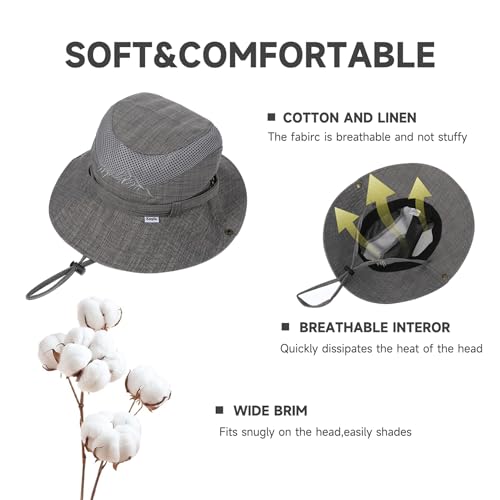 KeepSa Wide Brim Bucket Hat UPF 50+ Sun Protection Breathable Mesh Cotton Linen Adjustable Chin Strap for Men