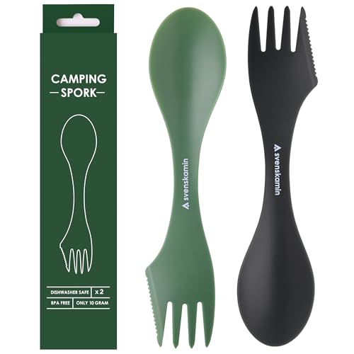 Reusable Camping Spork Set 2-Pack - 3-in-1 Travel Sporks Lightweight Durable Utensils & Silverware for Tailgate Outdoors Hiking Picnic Lunch Box - Eco-Friendly Plastic Fork Spoon Knife Combo