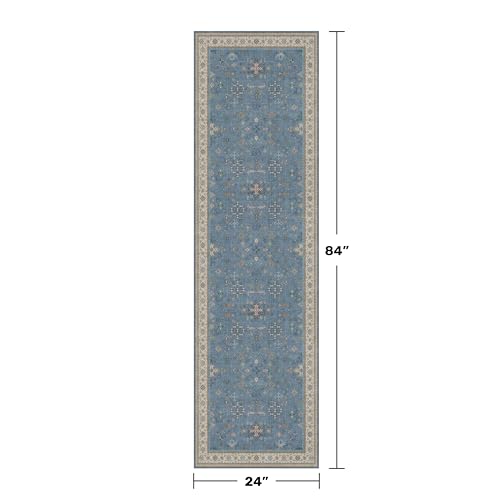 Light Blue 2x7 Washable Kitchen Runner - Boho Non Slip Runner Rug for Hallway, Bedroom Beside Bed,Entryway, Low Pile Floral Eclectic Unique Runner Décor by Hazo Haus - Used condition - Image 2