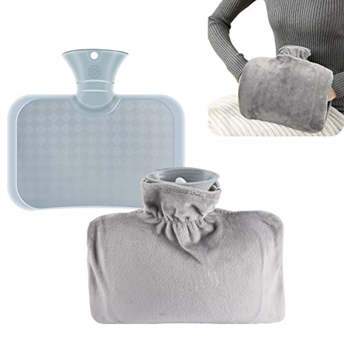 1.5 Liter Hot Water Bottle with Soft Cover-Hot Water Bag with Hand Pockets for Cramps, Neck, Shoulders Pain Relief, Hot Cold Pack for Hot and Cold Therapy and Feet Warmer (Grey)