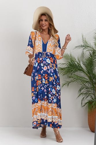 Image of Women Short Sleeve V Neck Floral Print Casual Bohemian Maxi Dresses