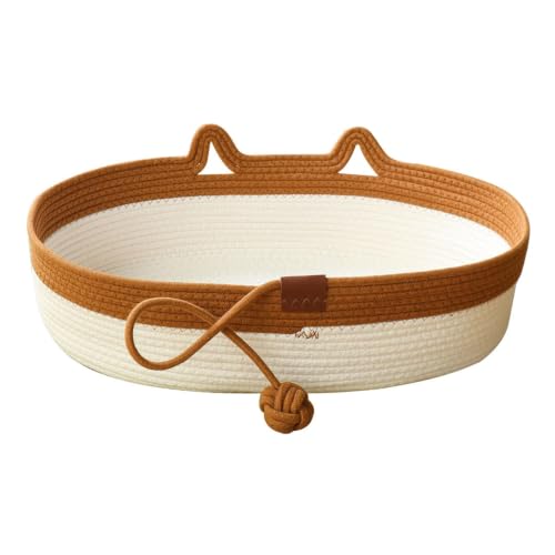 STIMULICAT Handwoven Cat Basket Bed with Hanging Ball Toy Scratchable Cat Lounger Basket for Sleeping Playing and Relaxing (15-31lbs (7-14kg)|19/48cm Wide)