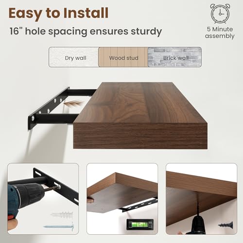 Image of 72 Inch Floating Shelves for Wall, 8 Inch Deep Floating Shelf for Storage & Display, Rustic Wall Mounted Shelf with Invisible Brackets for Living Room, Kitchen, Bathroom, Home Decor, Set of 2, Walnut