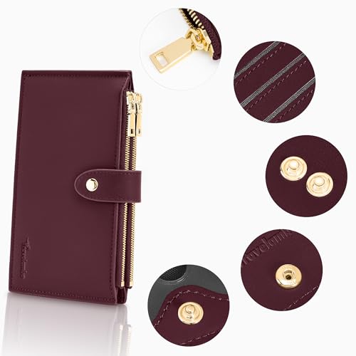 Image of Travelambo Womens Leather Bifold Wallet, Slim RFID Blocking Card Holder | Large Capacity, 16 Card Slots & ID Window, 2 Zipper Pockets, Dual Snap Closure, Slim Lightweight, RFID Privacy Protection