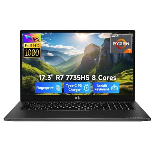 NIMO 17.3' Gaming Laptop - Ryzen 7 7735HS, Radeon 680M, Backlit Keyboard, Fingerprint Unlock, 100W PD Charging