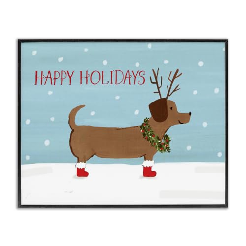 Happy Holidays Dog Antlers Snow Scene, 11 x 14 Inch Framed Giclée Print