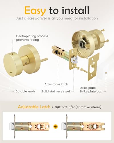 Image of Goldenwarm Gold Door Knobs Passage, Zinc Alloy Keyless Brushed Gold Door Knobs Interior for Hallway & Closet & Living Room, Non-Locking Function, Adjustable & Reversible (4 Pack)