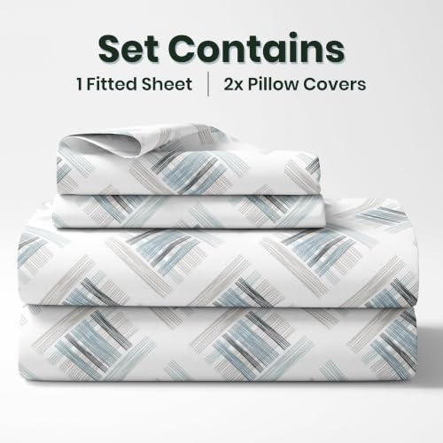 Image of LORETO - A QUALITY LINEN BRAND 186 TC 100% Pure Cotton Double /Queen Fitted Bedsheet with 2 Pillow Covers for 78 x 60 Inch Mattress, All-Around Elastic, 8 Inch Deep Pocket, Mist & Charcoal Grid