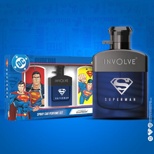 Image of Involve Your Senses Superman Car Perfume Spray with 3 Hanging Cards | DC OFFICIAL MERCHANDISE from Warner Bros | Freshen Up Your Car with Strong Aquatic Notes - WBSPR03-50ml | Car Air Freshener