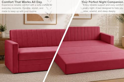 Image of Modern Velvet 3-Seater Sofa Cum Bed with Armrest, Convertible Sleeper Couch Sofa for Living Room, Bedroom & Office - Red Color
