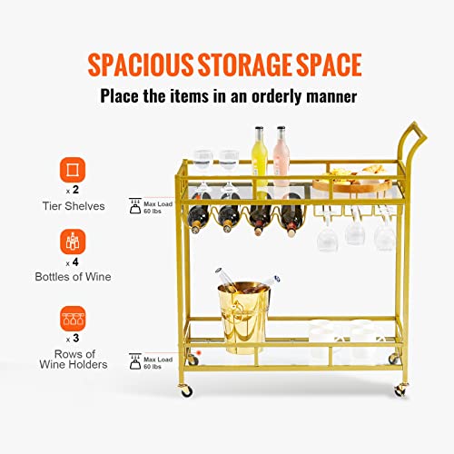 Vevor Bar Cart Gold, 2 Tiers Home Bar Serving Cart On Lockable Wheels, Rolling Alcohol Cart With Tempered Glass Shelves Guardrail Wine Rack, Modern Wine Cart For Home Kitchen Dining And Living Room #TOP2