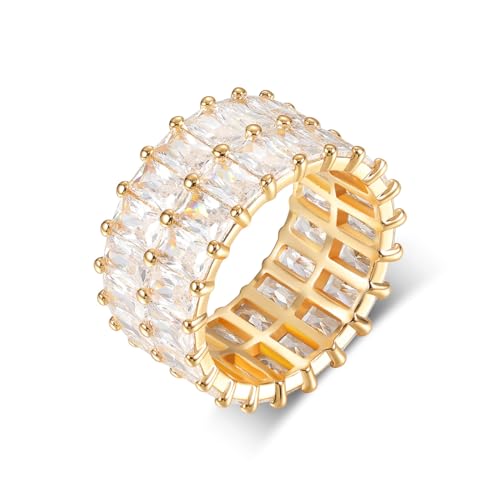 MDFUN 2 Rows Baguette Ring Eternity Bands Emerald Cut Cubic Zirconia Ring 18K White Gold/Yellow Gold Plated CZ Wedding Rings for Women Size 5-10
