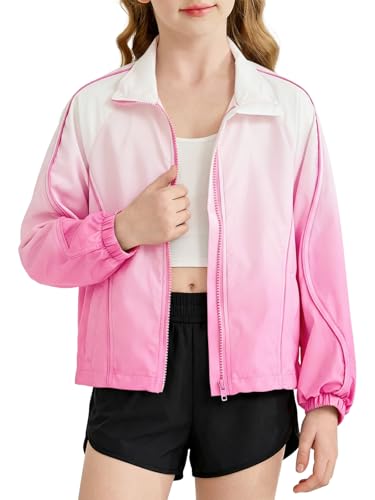 Haloumoning Girls Gradient Lightweight Jacket Kids Stand Collar Spring Fall Jackets with Pockets 5-14 Years