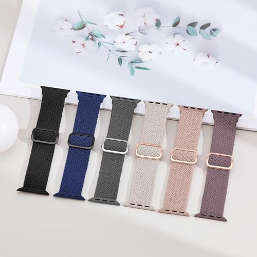 Image of 6 Pack Braided Stretchy Bands Compatible with Apple Watch Band 38mm 40mm 41mm 42mm 44mm 45mm 46mm 49mm Women Men, Adjustable Nylon Solo Loop Elastic Straps for iWatch Series 11 10 9 8 7 6 5 4 SE Ultra