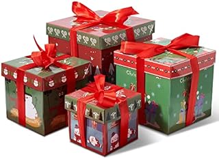 THE TWIDDLERS - 8 Christmas Cardboard Gift Boxes with Ribbon for Presents Xmas Party Box - 4 Different Sizes and Assorted Designs