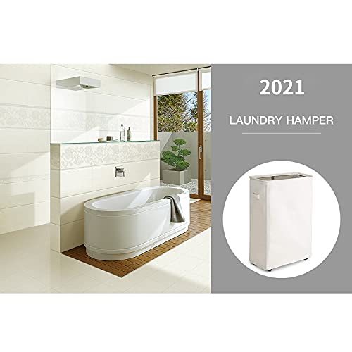 WOWLIVE Schlanker Wäschesammler Kleiner Wäscheboxen Faltbarer Wäschekorb Wasserdicht Wäschesack Schmaler Wäschesortierer mit Rollen - 44L,Beige