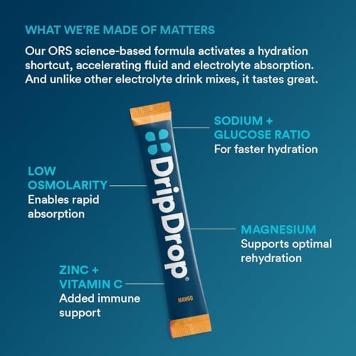Image of DripDrop Hydration Packets - Tropical Variety Pack - Single Serve Electrolytes Powder Drink Mix - Mango, Acai, Passion Fruit, Pina Colada - Non-GMO, Gluten Free, Vegan - 16 Sticks