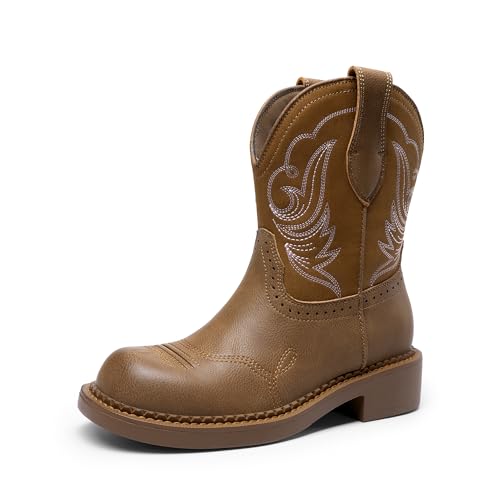 DREAM PAIRS Cowboy Cowgirl Boots for Women, Round Toe Embroidered Mid Calf Western Boots for Work, Country Concerts, Rodeos, Casual Outings 7.5 Tan