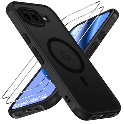 ivoler für Google Pixel 10a Hülle, 1 Magnetisch Handyhülle mit 2 Stück Panzer Schutz Glas, [Kompatibel mit MagSafe] [Militärnorm Sturzschutz] Stoßfest Schutzhülle Silikon Hülle Matt Schwarz