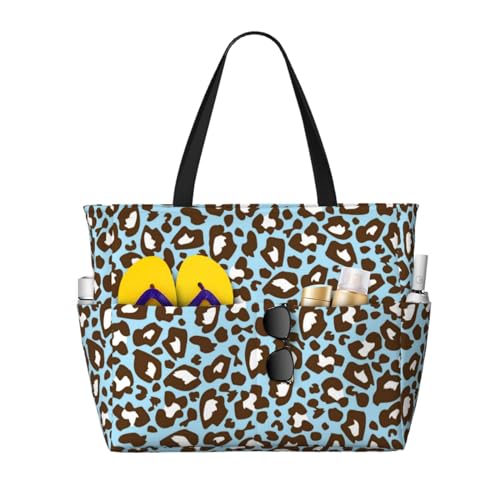 Grand sac de plage imprimé animal léopard bleu aux finitions soignées pour femme