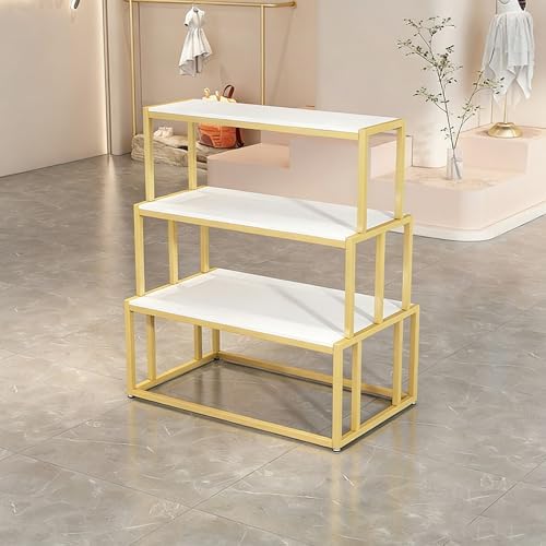 Modern 3-Tier Metal Retail Display Tables for Clothing, Shoes & Handbags - Stylish Standing Riser Shelf Nesting Tables (120x60x120cm) for Store Merchandising