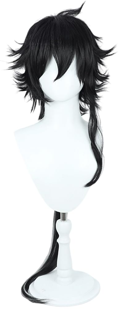 Ebenholz Cosplay Wig Men Black and Silver Gradient Long Pigtails Wig Hair Role Play Halloween Christmas Costume Comic Convention Heat Resistant Synthetic Wigs+Wig Cap
