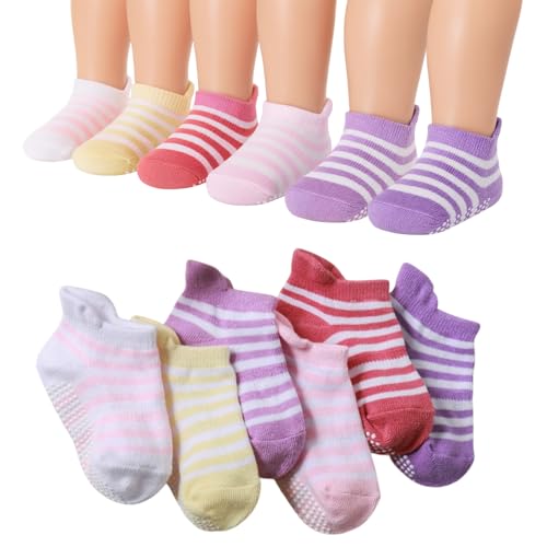 Image of MOMISY Baby Girl Boys Non Slip Socks kids Toddlers Infant Cotton Anti-Slip -6 Pairs (DottedFemale-Striped, 3 to 5 years)