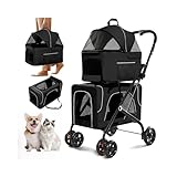 Double Dog Stroller, Foldable 3-in-1 Cat Strollers with 2 Detachable Carriers, Safety Belt, Washable Cover, Removable Pads, 4 Wheels Travel Pet Stroller for Small Medium Dogs (Black)