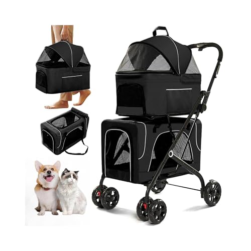 Double Dog Stroller, Foldable 3-in-1 Cat Strollers with 2 Detachable Carriers, Safety Belt, Washable Cover, Removable Pads, 4 Wheels Travel Pet Stroller for Small Medium Dogs (Black)